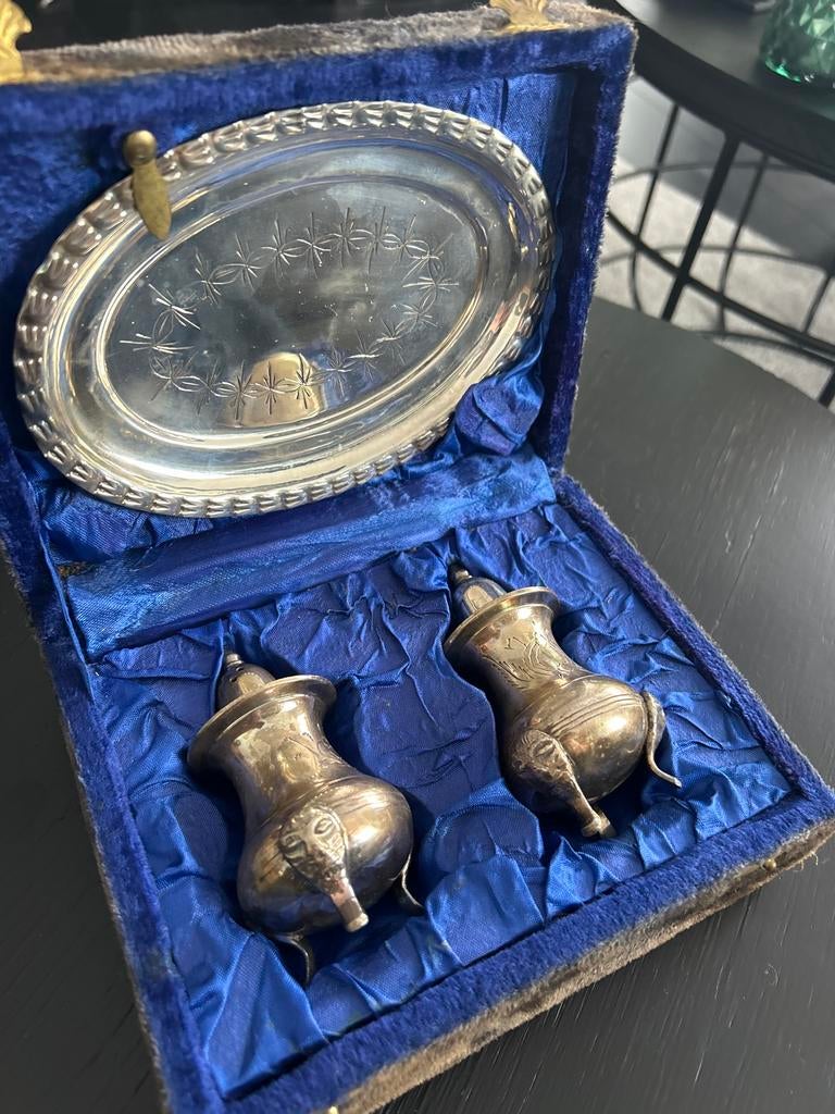 Vintage Verzilverd Peper & Zout Stel uit India, Jaren '50, Antiek en Kunst, Ophalen, Zilver