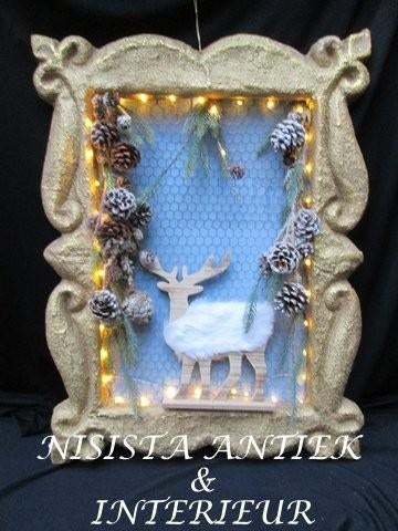 Grote Gouden Lijst 3D Tafereel Hert 77 x 57,5 cm en Lampjes, Ophalen, 50 tot 75 cm, Metaal of Aluminium, Nieuw
