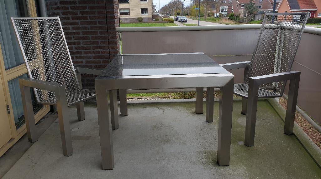 Gardinox tuinset - RVS tuintafel granieten blad + 2 stoelen, Ophalen, Gebruikt, Rechthoekig, Rvs