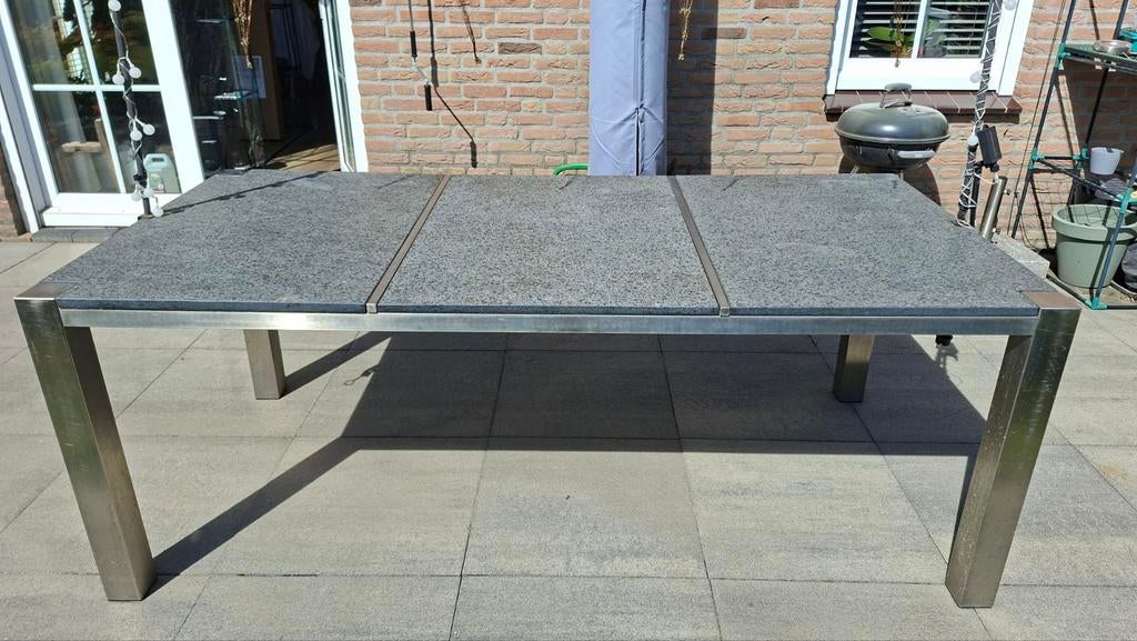 Tuintafel RVS onderstel met granieten blad - 205x100x75cm, Ophalen, Gebruikt, Rechthoekig, Rvs