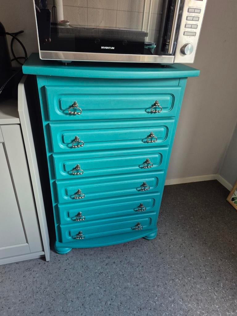 Turquoise ladekastje met 6 laden, Ophalen, Gebruikt, 5 laden of meer, Vintage, Kleurrijk