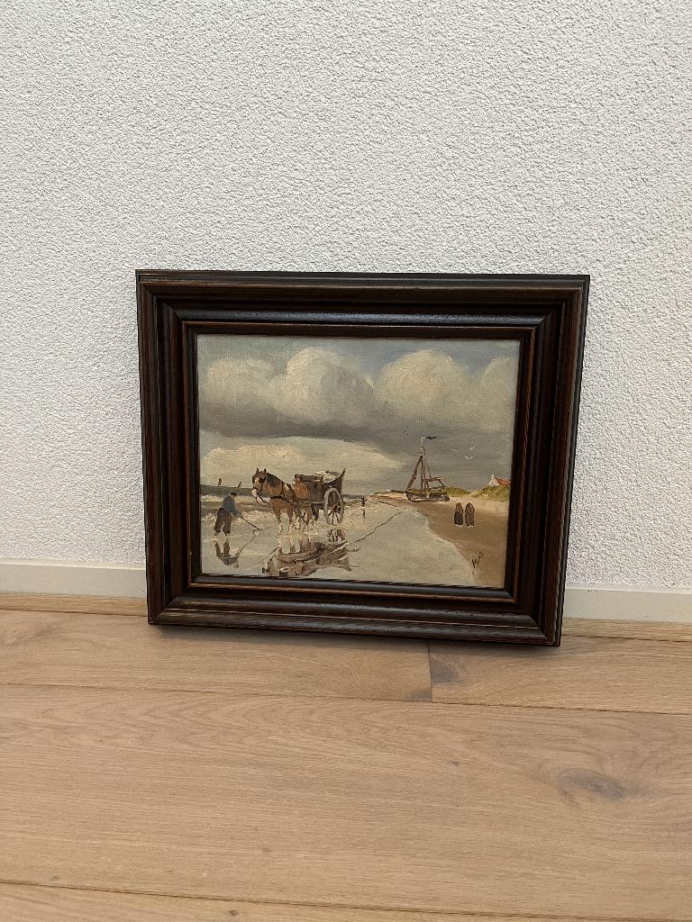 Vintage olieverfschilderij strandtafereel met paard en wagen, Antiek en Kunst, Ophalen