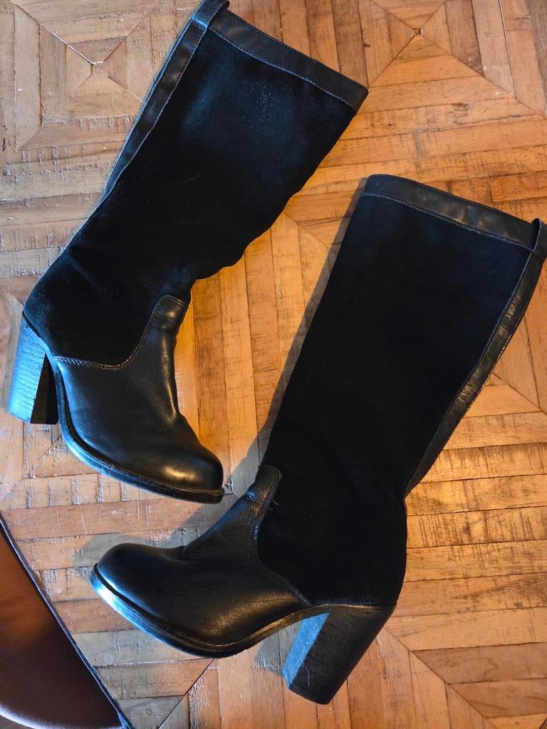 Hoge laarzen voor brede kuit leder en suede 40, Hoge laarzen, Zwart, Ophalen of Verzenden, Zo goed als nieuw