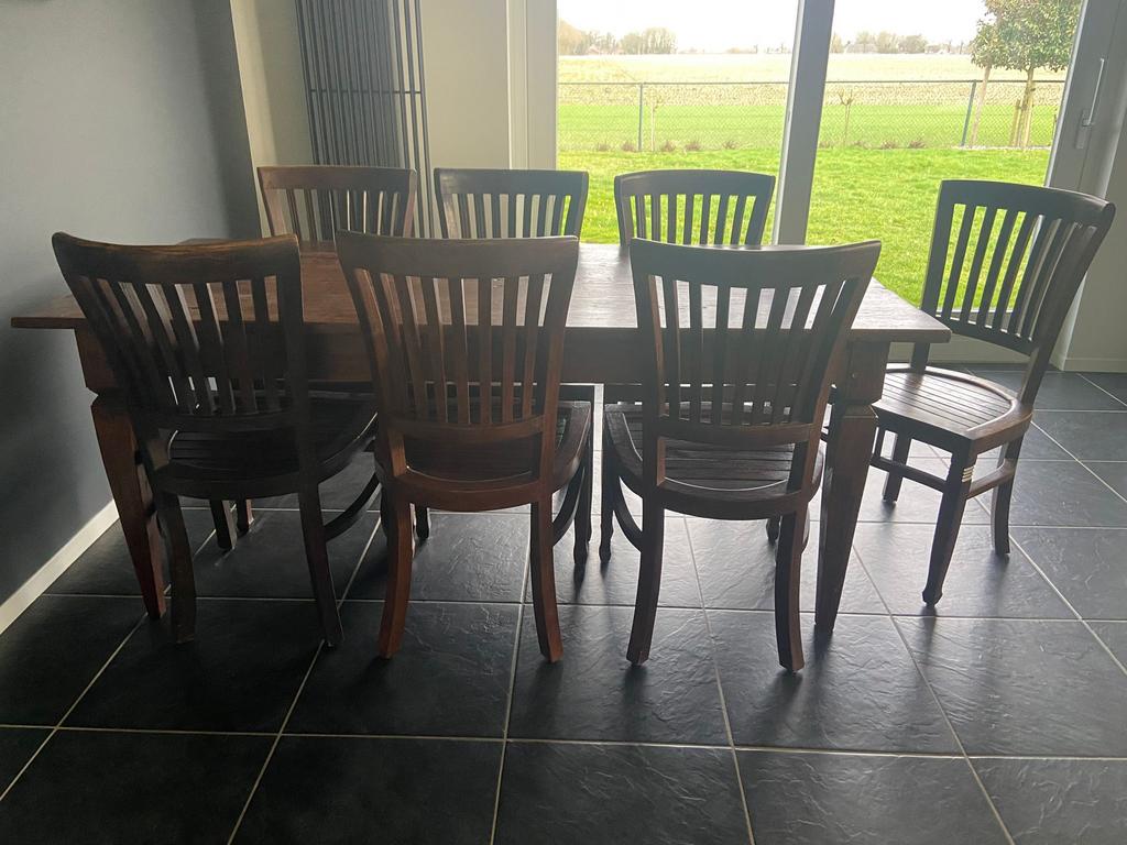Koloniale eethoek met 8 stoelen, Huis en Inrichting, Stoelen, Ophalen of Verzenden, Zo goed als nieuw, Bruin