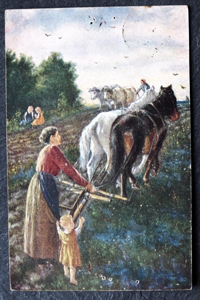 Boerin bewerkt het land met haar paarden, 1924, Verzamelen, Verzenden, Voor 1920, Gelopen, Paard