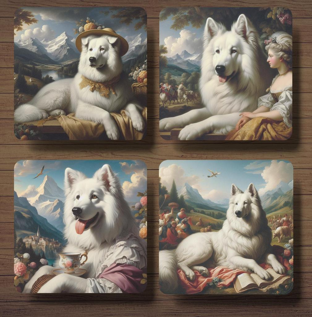 Zwitserse Witte Herder Barok onderzetters met houder, Ophalen of Verzenden, Nieuw, Glas of Kopje