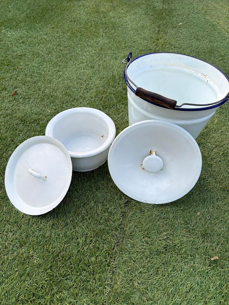 Vintage geëmailleerde po emmer met deksel - wit/blauw, Ophalen of Verzenden