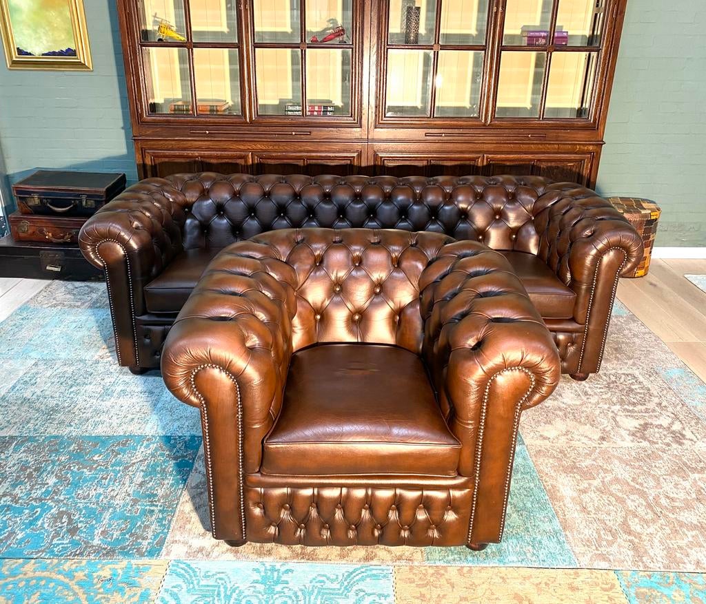 Chesterfield 3.5 +1 zit bankstel bruin gevlamd, Ophalen of Verzenden, Gebruikt, 75 tot 100 cm, Leer
