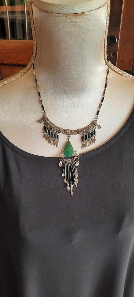 Vintage ketting Azteken Mexico, onyx en malachiet., Sieraden, Tassen en Uiterlijk, Antieke sieraden, Ophalen of Verzenden, Met edelsteen
