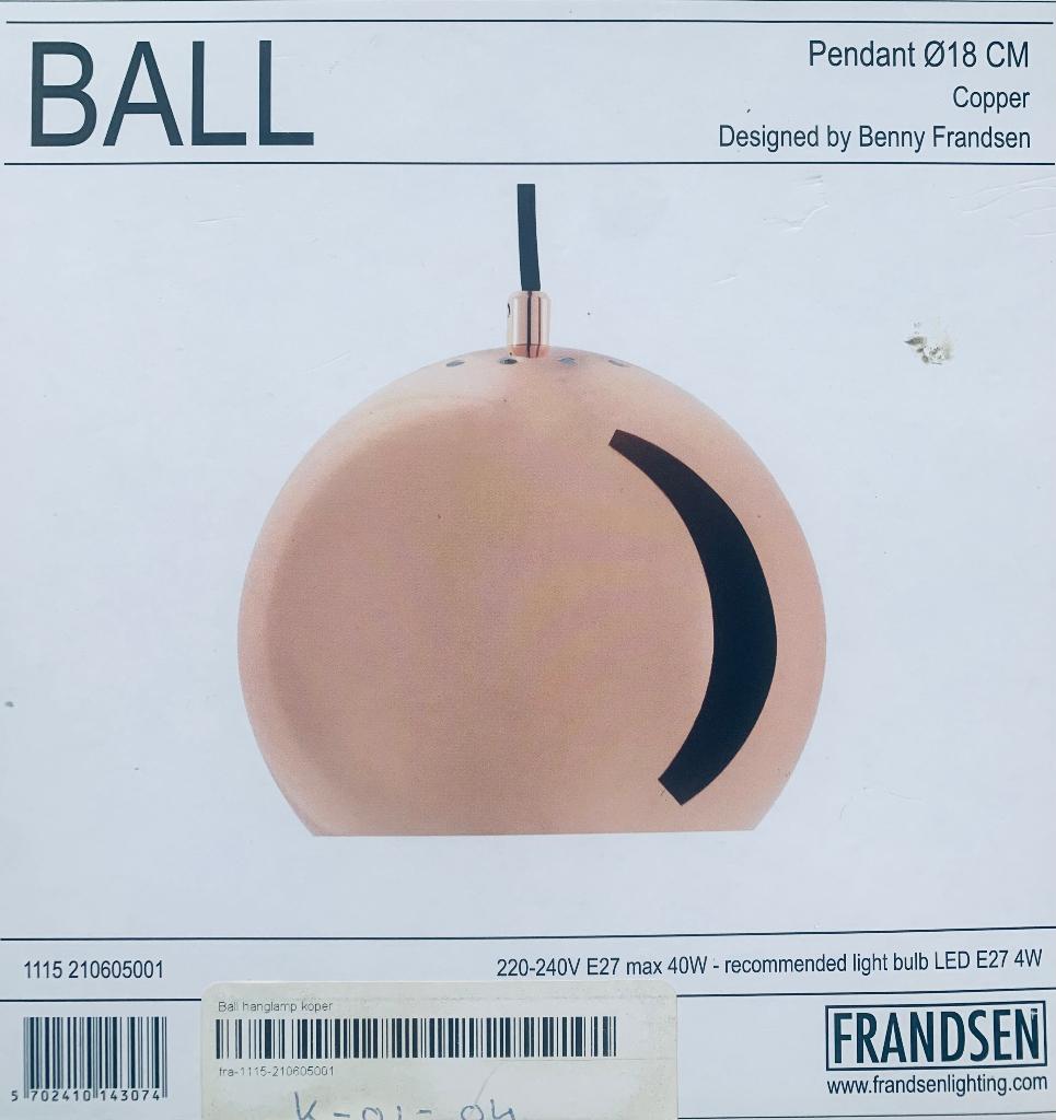 Hanglamp BALL Pendant Glossy Copper KOPER FRANDSEN 18cm, Ophalen of Verzenden, Zo goed als nieuw, Design Classic, Minder dan 50 cm