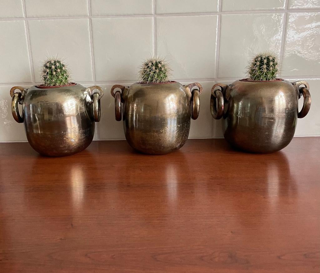 3 goudkleurige bloempotten van metaal, Rond, Binnen, Ophalen of Verzenden, Zo goed als nieuw