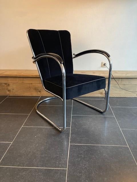 Vier Gispen 412 fauteuils, chroom, nieuwe zwarte ribstof, Design, 75 tot 100 cm, Zo goed als nieuw, Stof