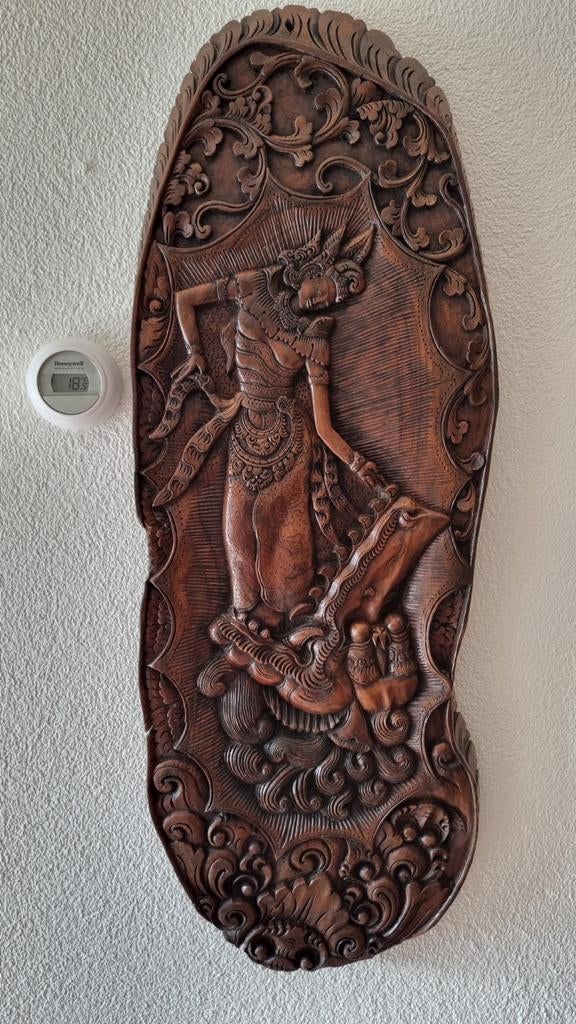 Houtsnijwerk paneel Bali Indonesië Arjuna en de krokodil, Ophalen of Verzenden