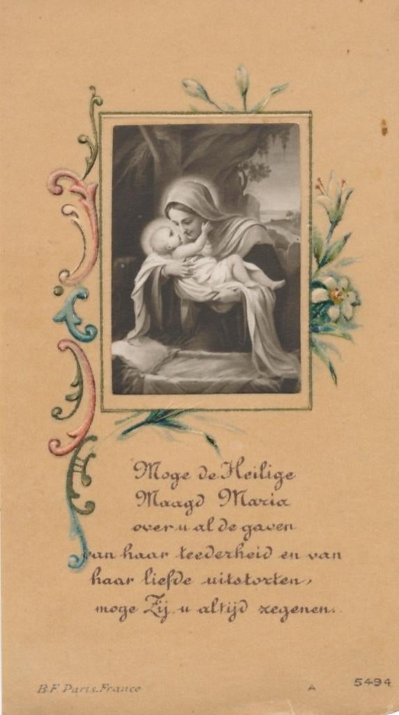 Mooi oud devotieprentje op perkament papier Maria en Kind, Ophalen of Verzenden, Zo goed als nieuw, Kaart of Prent, Christendom | Katholiek