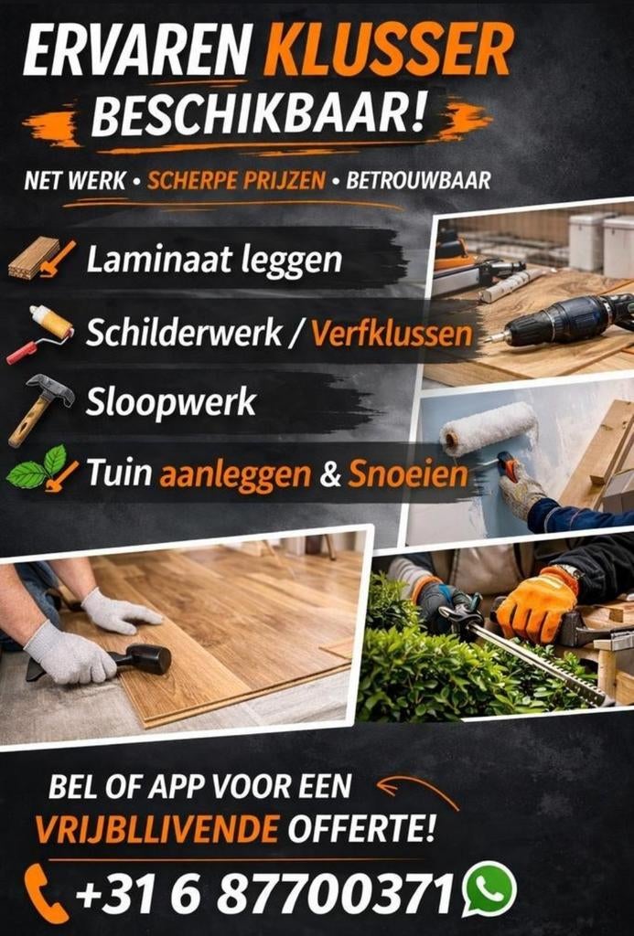 Schilderen, Laminaat, Sloop, Tuin,Renovatie, Verbouw of Aanbouw