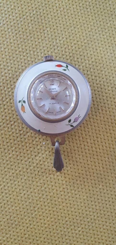 Vintage Fero Feldmann zakhorloge met bloemmotief, Sieraden, Tassen en Uiterlijk, Horloges | Dames, Gebruikt, Zakhorloge, Overige merken