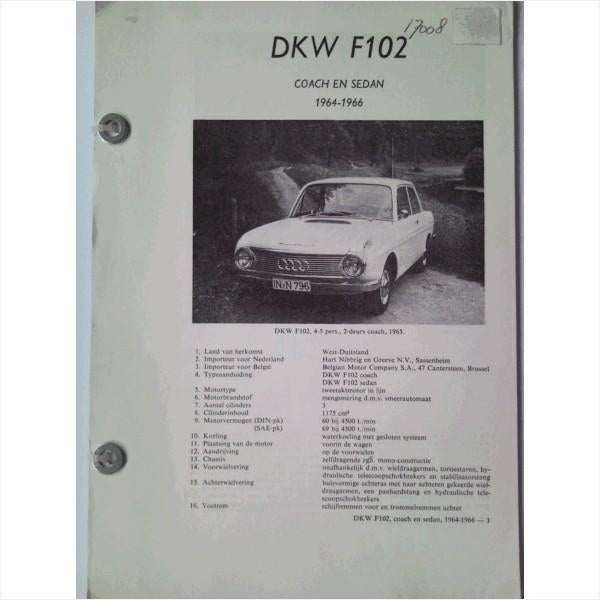 DKW Auto Union F102 Vraagbaak losbladig 1964-1966 #2 Nederla, Ophalen of Verzenden, Gelezen, Algemeen