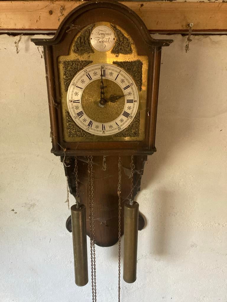 Antieke Wandklok met Gewichten - Tempus Fugit, Ophalen of Verzenden