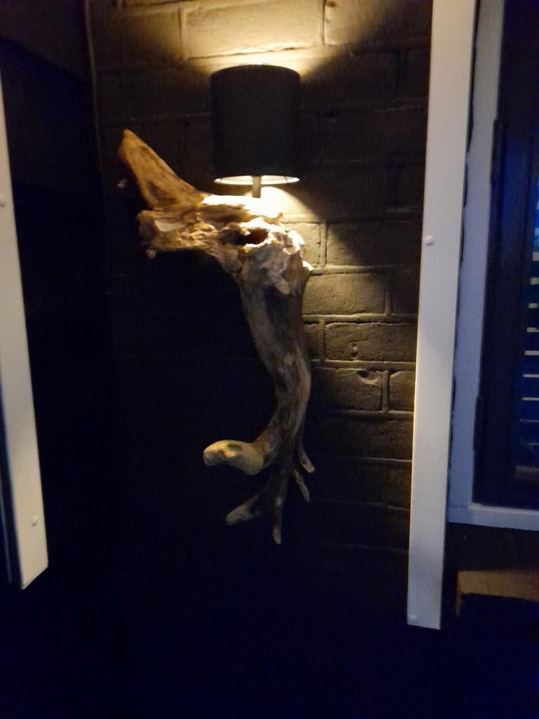 Unieke wandlamp van drijfhout met stoffen kap, Ophalen, Zo goed als nieuw, Stof, Rustiek, Landelijk, Modern