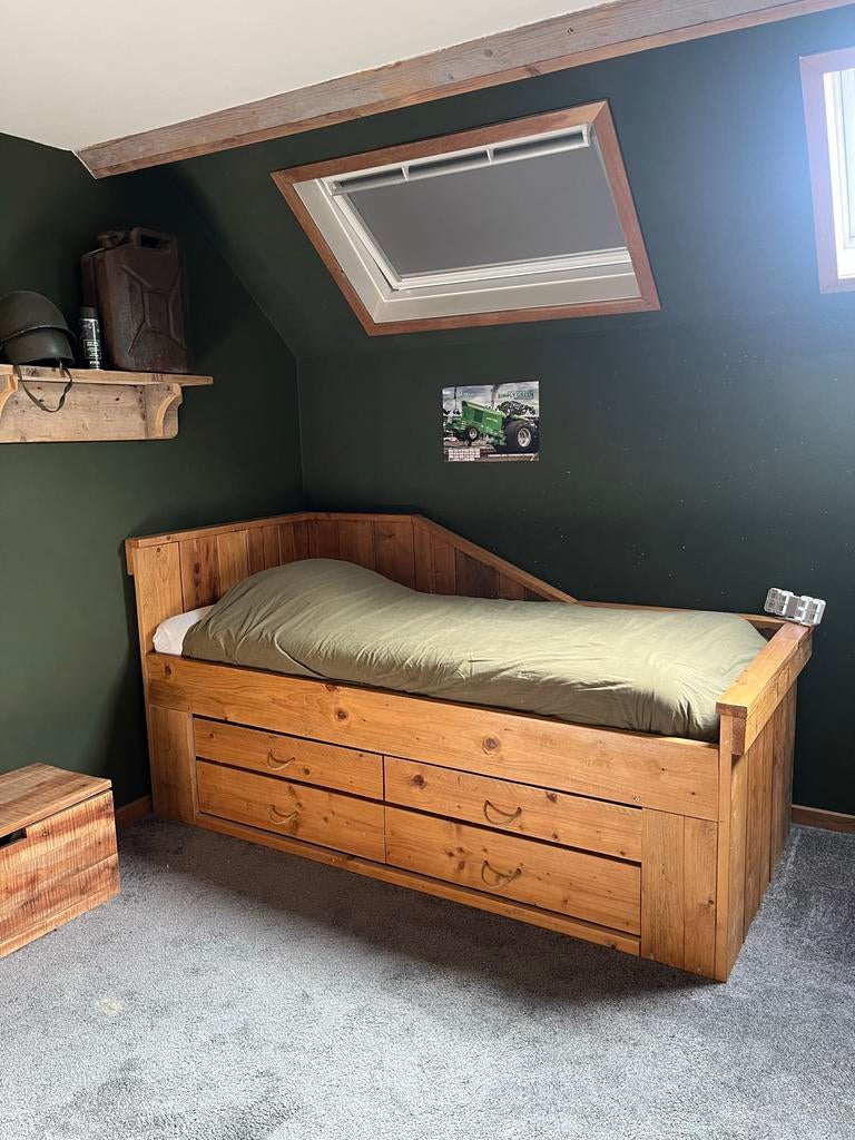 Robuust steigerhouten bed met laden, Gebruikt, 90 cm, Eenpersoons, Bruin