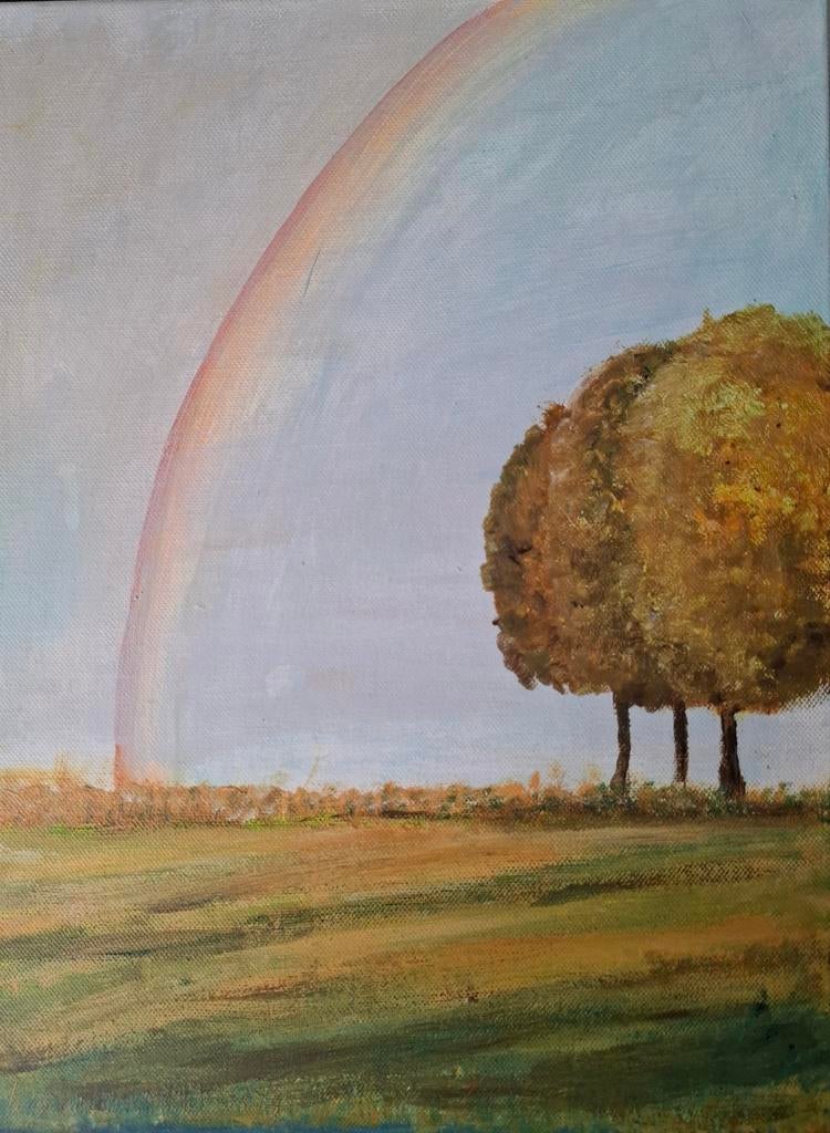 T.e.a.b. Landschap met regenboog. In acryl.  30 x 40 cm, Ophalen