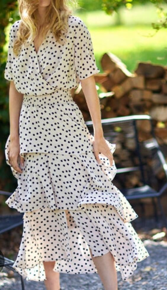 Plaatje zwierige stippen polkadot jurk ladress naomi 40 42, Kleding | Dames, Jumpsuits, Verzenden, Beige, Maat 42/44 (L), Zo goed als nieuw