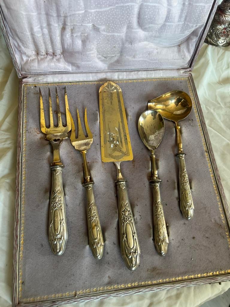 Antiek 1900 Zilveren en Verguld Bestekset in Cassette, Ophalen