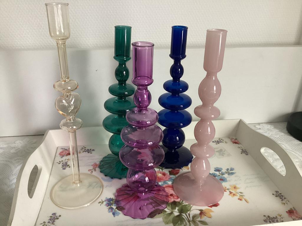 Ravie kandelaars gekleurd glas en kaarsen NIEUW, Overige materialen, Overige kleuren, 25 tot 50 cm, Nieuw