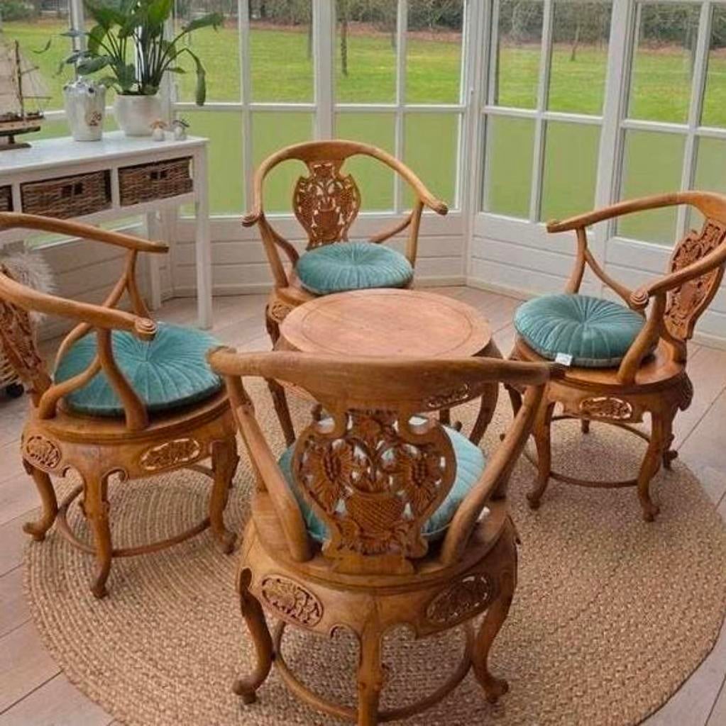 Balinese handgesneden zithoek – 4 stoelen + tafel, Tuin en Terras, Tuinsets en Loungesets, Ophalen, Hout
