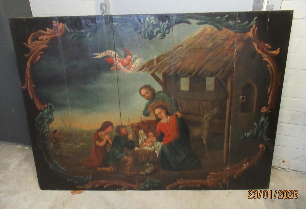 ANTIEK SCHILDERIJ OP HOUT- GEBOORTE JEZUS/MARIA-JOZEF-STAL, Ophalen