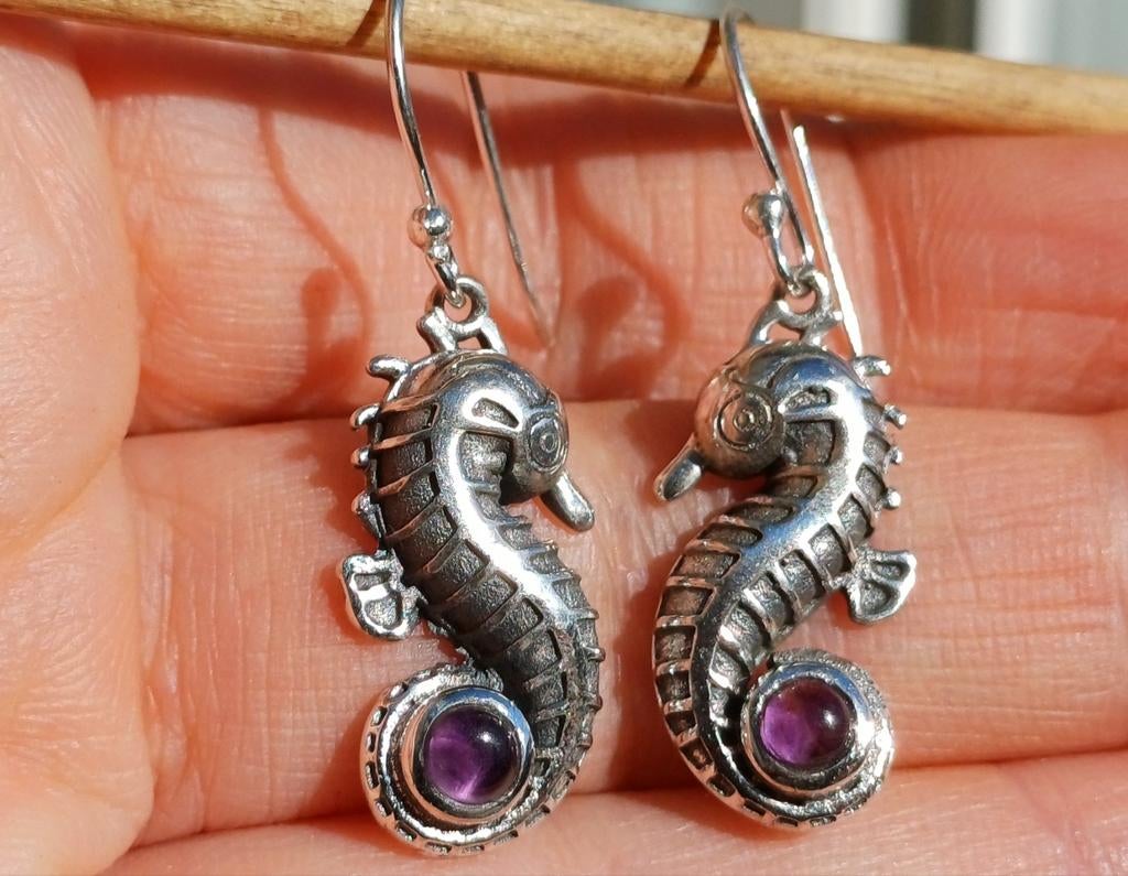 Vanoli 925 zilveren zeepaard / zeeparden oorbellen amethist, Daiva1973@hotmail.com, Hangers, Vanoli, Amsterdam