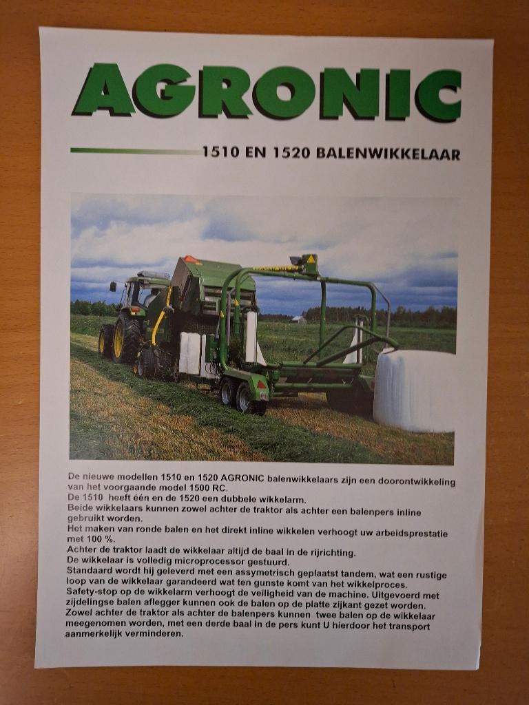 Folder Agronic 1510 en 1520 balenwikkelaar, Ophalen of Verzenden, Gelezen, Tractor en Landbouw