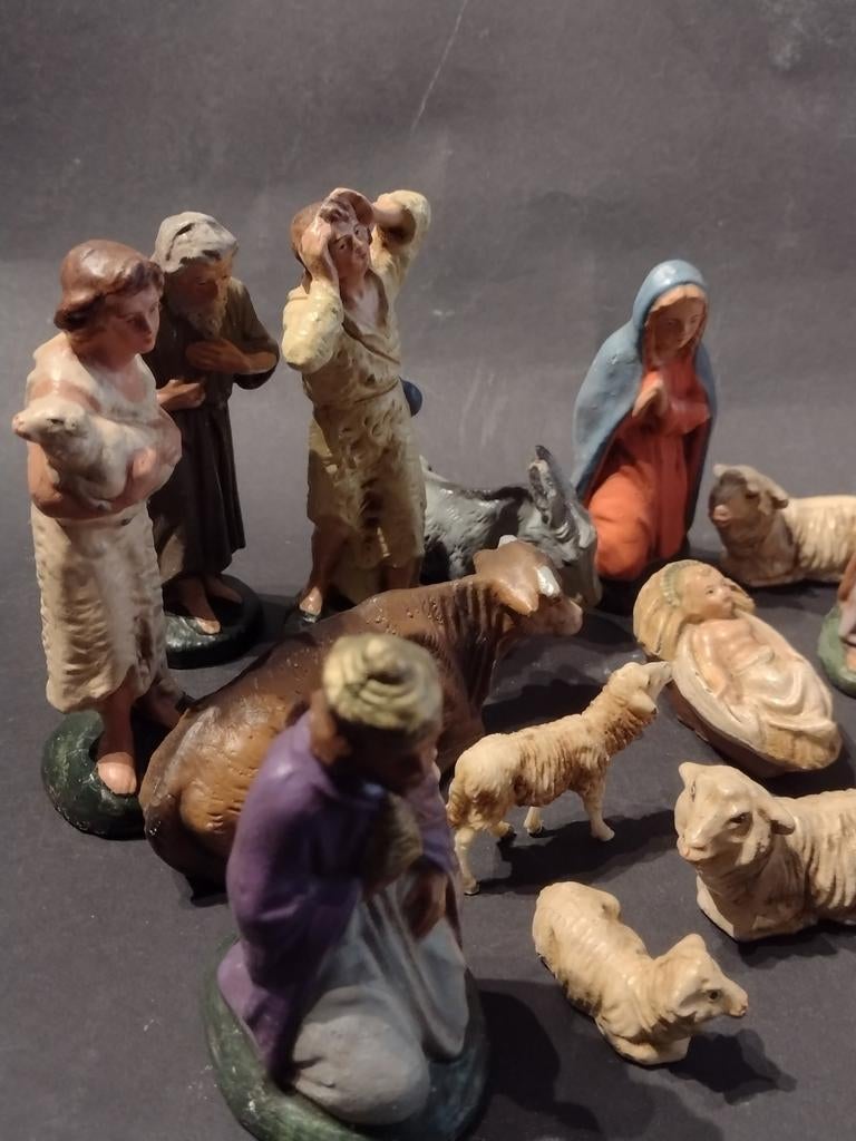 antieke Marolin kerstgroep papiermache 19 delig kerststal, Diversen, Kerst, Gebruikt, Ophalen