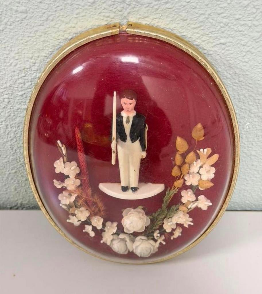 Antieke ronde stolp ovaal handgemaakt poppetje bloemen 1900, Antiek en Kunst, Ophalen of Verzenden