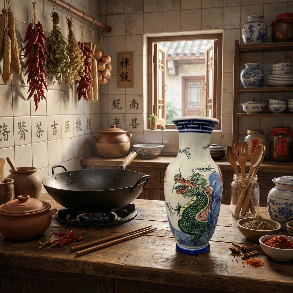 Porseleinen vaas met draakdecoratie in Chinees-Thaise stijl, Div, Ophalen of Verzenden, Div, Bestek