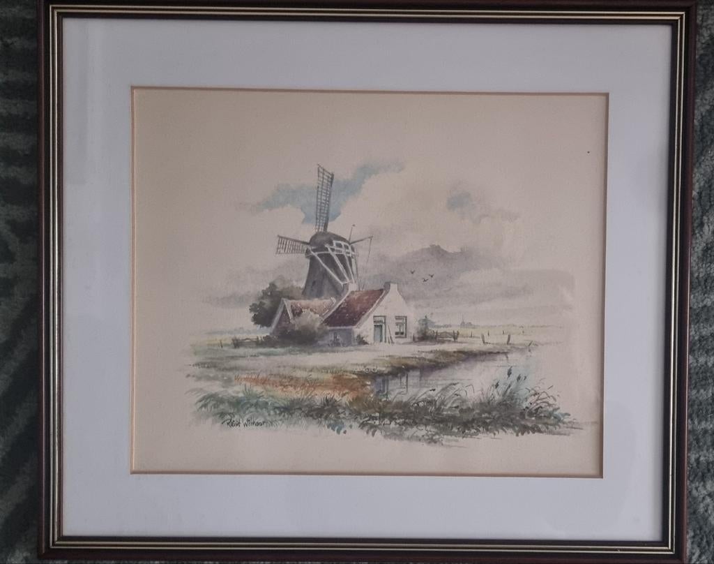 Reint Withaar Aquarel - Molenlandschap, Ophalen of Verzenden