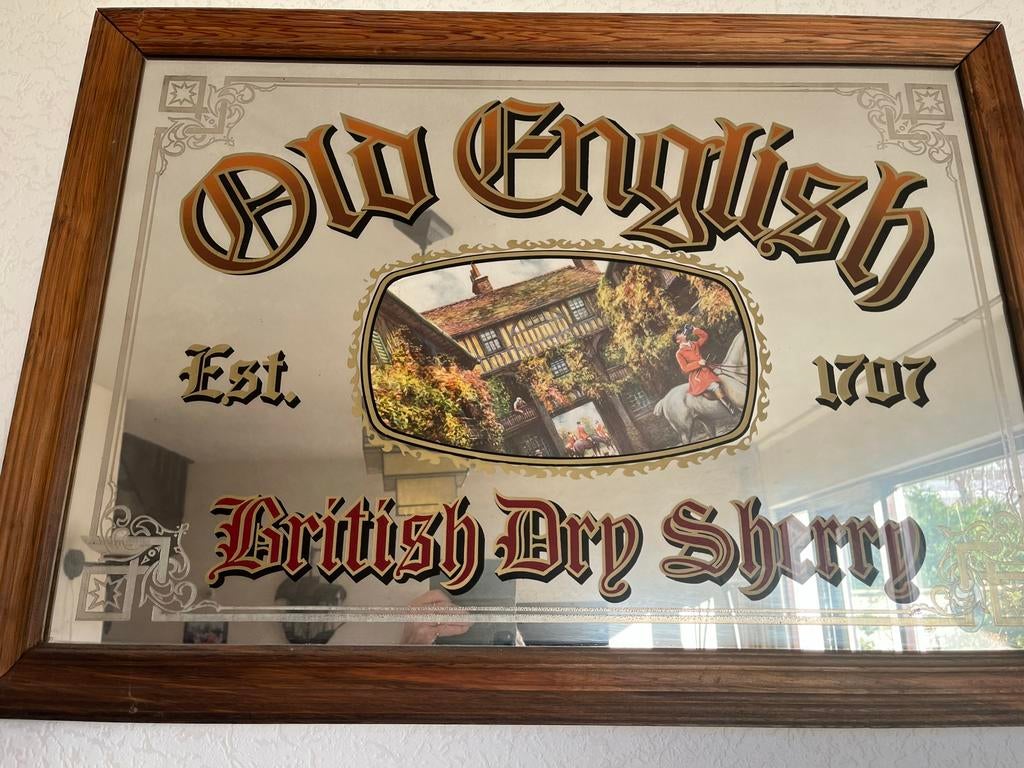 Grote Café Spiegel "Old English British Dry Sherry" 65x90 cm, Ophalen, Gebruikt, Rechthoekig, Minder dan 100 cm