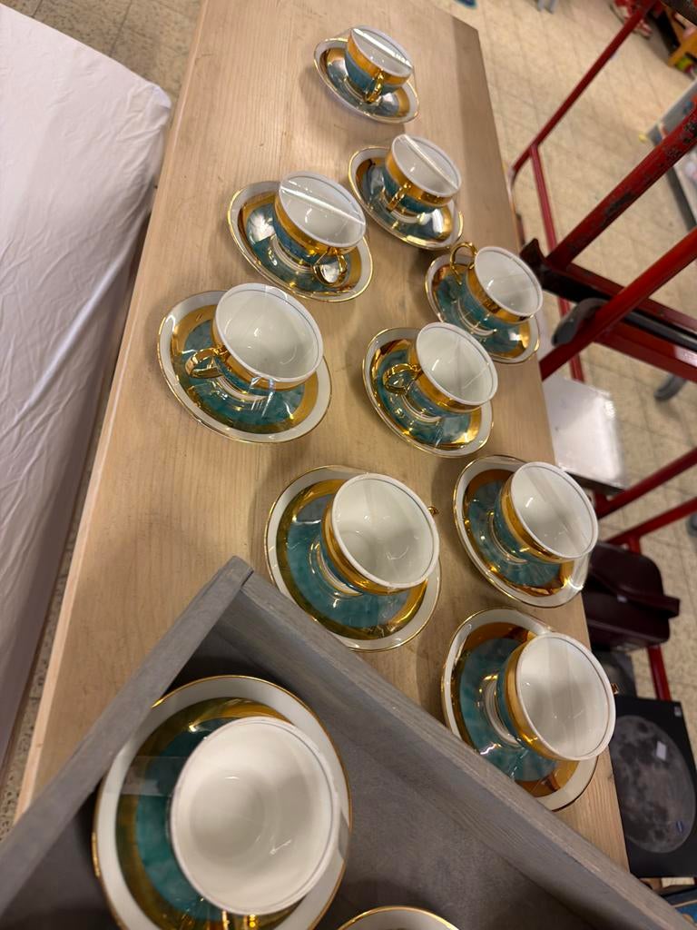 Vintage theeservies met gouden rand en turquoise accenten, Antiek en Kunst, Ophalen