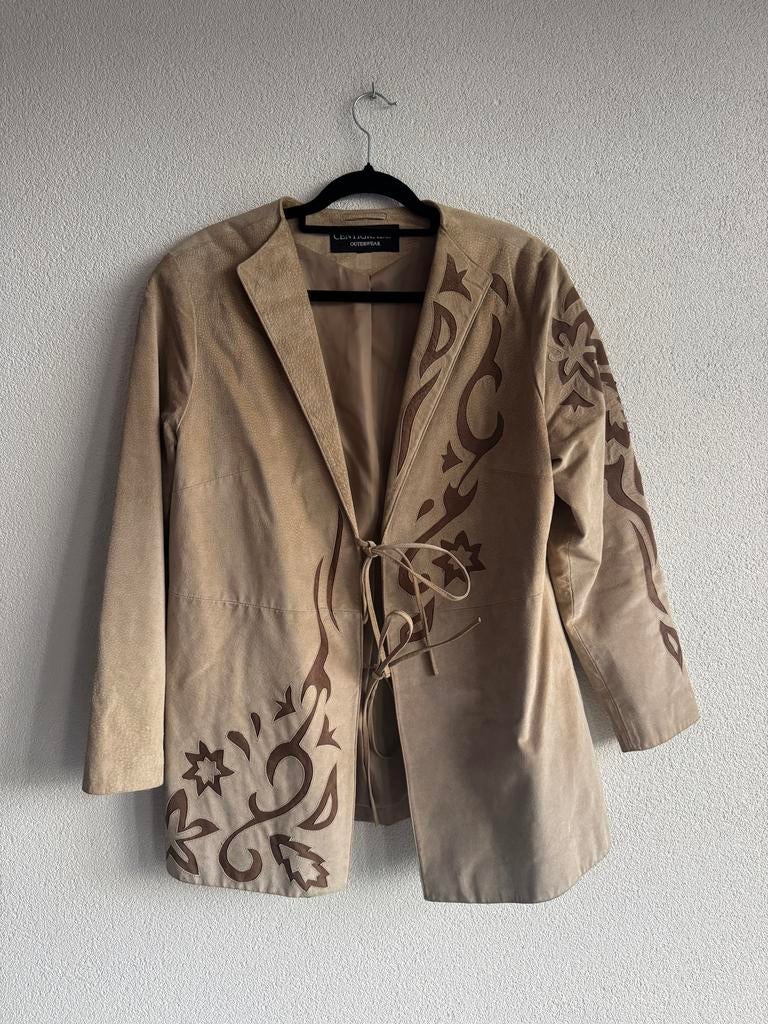 Vintage Y2K bruin leren suede blazer met borduursels, Vintage, Bruin, Vintage, Maat 46/48 (XL) of groter