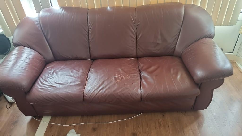 2-delige lerenbank (3+2 zits), Huis en Inrichting, Banken | Bankstellen, Ophalen, Gebruikt, Rechte bank, Vierpersoons of meer