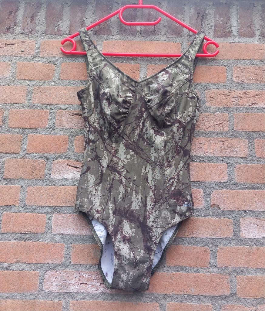 REAL VINTAGE Khaki - pistache - bruin badpak Tweka Maat M, Kleding | Dames, Badmode en Zwemkleding, Badpak, Ophalen of Verzenden