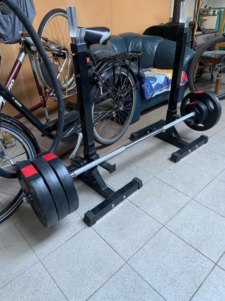 halterstang en gewichten 4x10 kg+2x1.25kg, Ophalen, Gebruikt, Armen, Fitnessbank