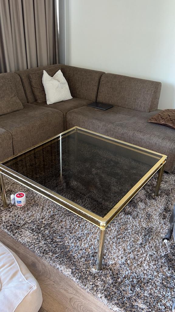 Vintage messing goud salontafel - bijzettafel - met rookglas, Ophalen, 50 tot 100 cm, Rond, Zo goed als nieuw