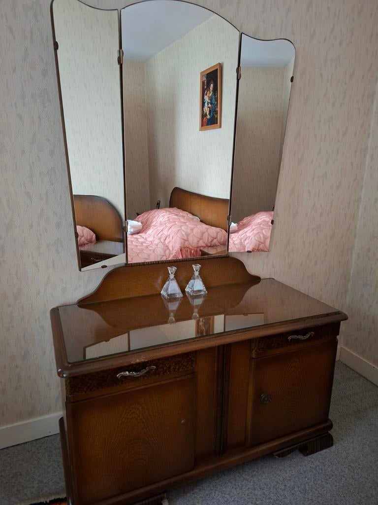 Antieke kaptafel met spiegel - Vintage houten dressoir, Huis en Inrichting, Tafels | Kaptafels, Gebruikt, 150 tot 200 cm, 100 tot 150 cm