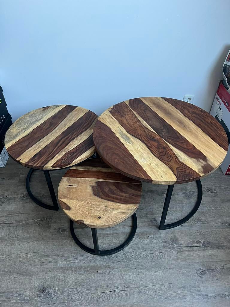Salontafel set van drie met zwart frame, 50 tot 100 cm, Rond, 50 tot 100 cm, Zo goed als nieuw