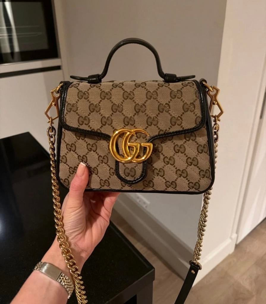 Orginele gucci Mini GG Marmont Top Handle Shoulder Bag, Ophalen of Verzenden, Zo goed als nieuw, Bruin, Handtas