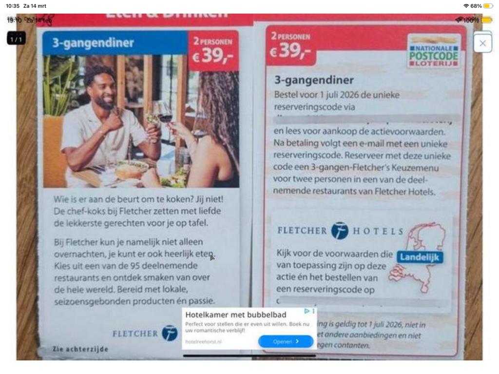 Voordeelbon 3-gangendiner bij Fletchers Hotels (KWF), Twee personen, Kortingsbon