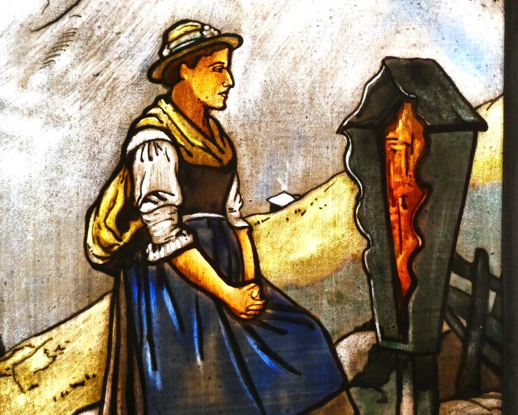 Glas in lood wandeling vrouw wegkruis kruisbeeld in Alpen, Antiek en Kunst, Antiek | Religie, Ophalen of Verzenden