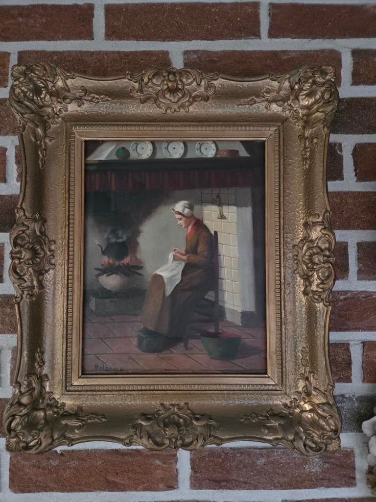 Oud schilderij H. v. Langen, vrouw bij haard, Ophalen