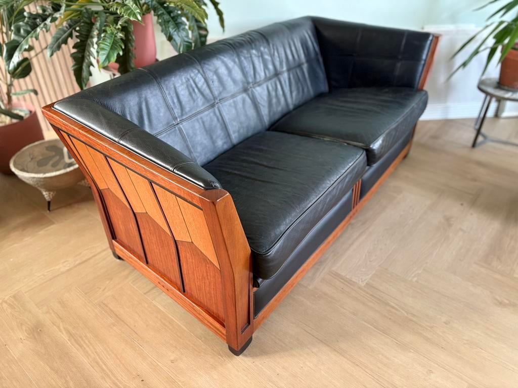 Art deco 2,5-zits bank van Schuitema van leer en hout, Ophalen, Gebruikt, Art deco, 150 tot 200 cm